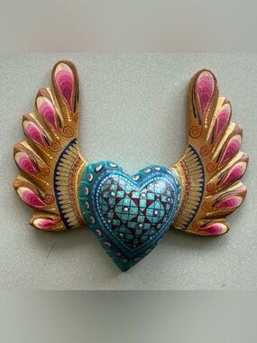 Beautiful Mexican Hand-Painted Turquoise Heart Winged